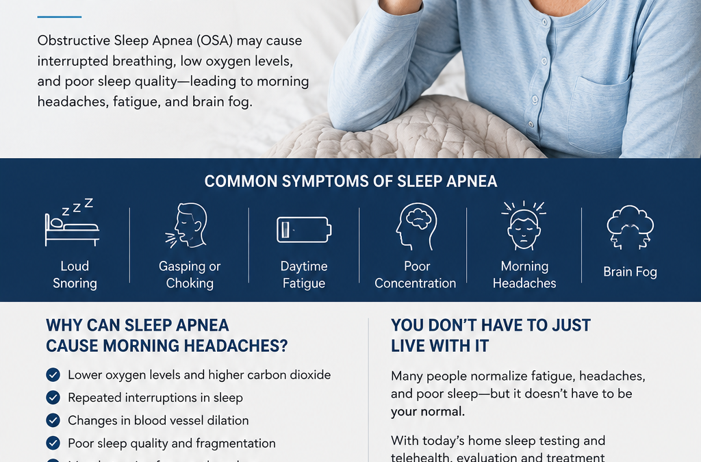 Can Sleep Apnea Cause Morning Headaches?  Many people wake up with headaches and assume the cause is stress, dehydration, neck tension, or poor sleep posture. However, in some patients, recurring morning headaches may actually be related to Obstructive Sleep Apnea (OSA).  Because sleep apnea often goes undiagnosed for years, patients may not realize that interrupted breathing during sleep can affect oxygen levels, sleep quality, and overall brain function.  At DPC Medical, we provide confidential telehealth evaluations for Minnesota patients concerned about sleep apnea symptoms, fatigue, poor sleep, and related health issues.  What Is Obstructive Sleep Apnea?  Obstructive Sleep Apnea is a condition in which the airway repeatedly narrows or collapses during sleep.  These breathing interruptions may occur dozens — or even hundreds — of times per night.  Common symptoms may include:  Loud snoring Gasping or choking during sleep Daytime fatigue Poor concentration Dry mouth upon waking Restless sleep Morning headaches Brain fog Mood changes or irritability  Untreated OSA has also been associated with cardiovascular disease, high blood pressure, diabetes, and cognitive impairment.  Why Can Sleep Apnea Cause Morning Headaches?  During episodes of sleep apnea, oxygen levels may temporarily decrease while carbon dioxide levels rise.  At the same time, the brain experiences repeated micro-awakenings throughout the night in order to restart breathing.  These repeated interruptions may contribute to:  Poor sleep quality Sleep fragmentation Changes in blood vessel dilation Reduced oxygen delivery Muscle tension from restless sleep  The result for some patients is waking up feeling:  Groggy Mentally foggy Exhausted Headachy Unrefreshed despite “sleeping all night”  Many patients describe the headache as a dull pressure or tightness that improves later in the morning.  Many Patients Normalize the Symptoms  One major challenge with sleep apnea is that patients often adapt to feeling poorly over time.  Fatigue, headaches, poor concentration, and low energy are frequently blamed on:  Aging Stress Anxiety Busy schedules Poor sleep habits  However, sleep experts increasingly emphasize that symptom minimization delays diagnosis and treatment.  Sleep Apnea Does Not Always Look the Same  While loud snoring is common, not every patient presents with classic symptoms.  Research and awareness campaigns now recognize that women and some older adults may present differently, sometimes with:  Insomnia Morning headaches Fatigue Mood changes Brain fog Poor sleep quality without dramatic snoring  This is one reason why many patients remain undiagnosed.  How Is Sleep Apnea Diagnosed?  Many patients today qualify for home sleep testing rather than requiring an overnight sleep lab.  Advances in home sleep testing and telehealth have made diagnosis more accessible and convenient for many adults.  Depending on the patient, treatment options may include:  CPAP therapy Weight management Positional therapy Oral appliance therapy Sleep habit optimization Minnesota Telehealth Sleep Apnea Evaluations  At DPC Medical, we offer confidential telehealth evaluations for Minnesota patients concerned about:  Sleep apnea Snoring Fatigue Brain fog Poor sleep Morning headaches CPAP treatment questions  📞 Call 763-588-7099 to schedule an evaluation.  Suggested SEO Elements  Focus Keyphrase: sleep apnea morning headaches  Meta Description: Can sleep apnea cause morning headaches? Learn how obstructive sleep apnea may contribute to fatigue, brain fog, poor sleep, and waking headaches.  Suggested Categories:  Obstructive Sleep Apnea Sleep Health CPAP Therapy Telehealth Medicine  Suggested Tags:  sleep apnea morning headaches OSA symptoms CPAP fatigue brain fog snoring sleep study Minnesota telehealth sleep disorders