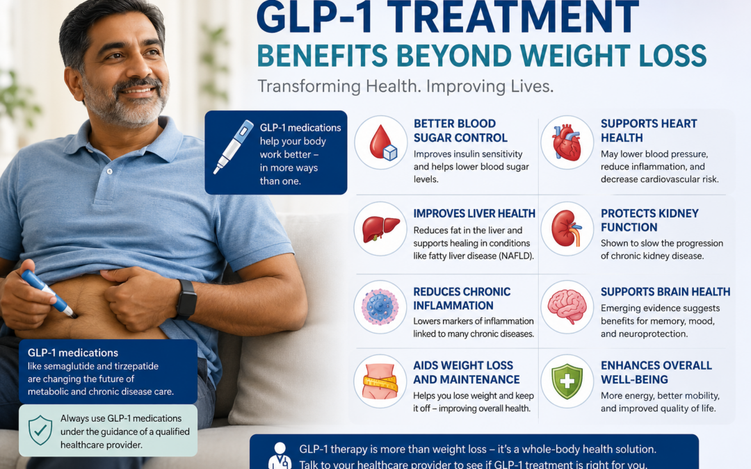 GLP-1 provides possible improvements in blood sugar control, heart health, liver health, kidney function, reduced chronic inflammation, brain health, and overall metabolic wellness, emphasizing that GLP-1 medications should be used under the supervision of a qualified healthcare provider.